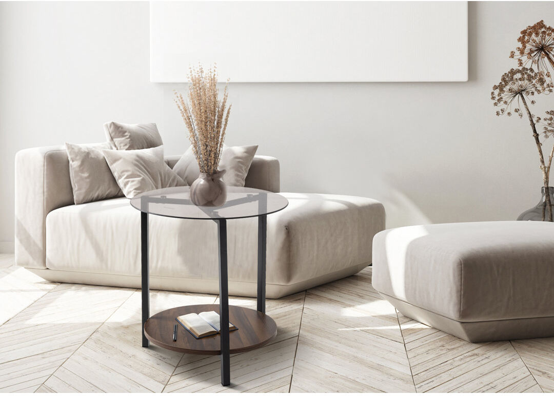 Borough Wharf Aleysa Floor Shelf Coffee Table with Glass Top and with Storage 52cm H X 47cm W X 47cm D