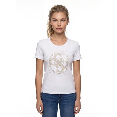 T-Shirt GUESS "CN 4G ROUND CRYSTALS LOGO", Damen, Gr. S, weiß (pure weiß), Single Jersey, Obermaterial: 100% Baumwolle, unifarben, regular fit hüftlang, Rundhals, abgesteppte Kante, Shirts T-Shirt, mit markantem Logodesign, Regular Fit