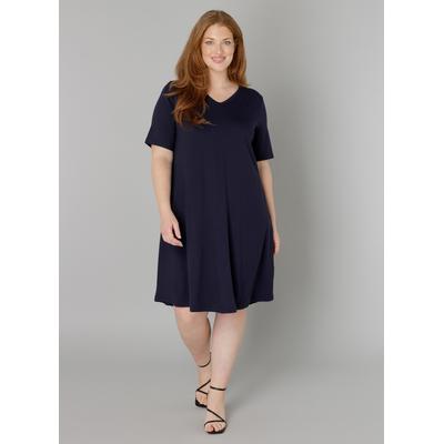 Shirtkleid BASE LEVEL CURVY "Abernathy", Damen, Gr. 52, N-Gr, Kurzarm, Jersey, blau (navy dunkelblau), Jersey, Obermaterial: 94% Viskose, 6% Elasthan, unifarben, Basic, figurumspielend, V-Ausschnitt, abnehmbar, Kleider Shirtkleid, Sommerkleid In...