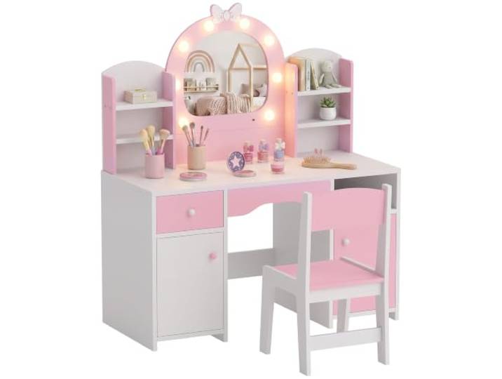 AIYAPLAY Kinder-Schminktisch mit Hocker, Spiegel mit 2 Lichtfarben, Schrank, Schublade und Regalen, für 3-8 Jahre, Rosa