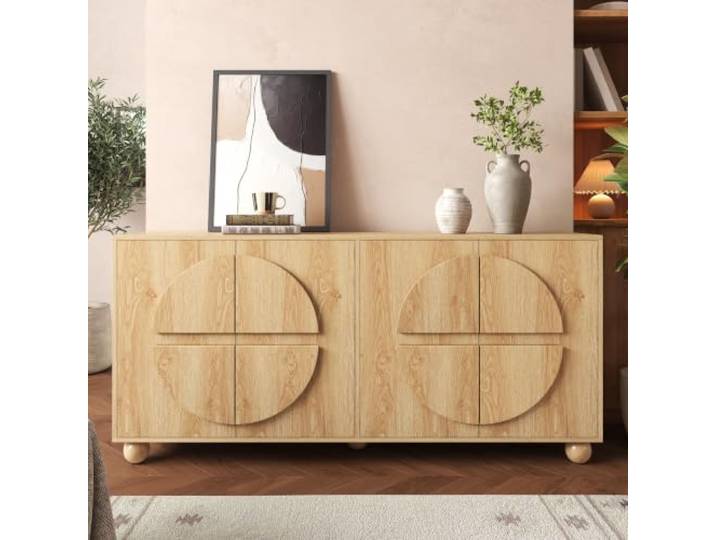Merax Viertüriges Sideboard 160x38x76 cm mit Kreisrelief, verstellbaren Böden & Holzfüßen – Natur