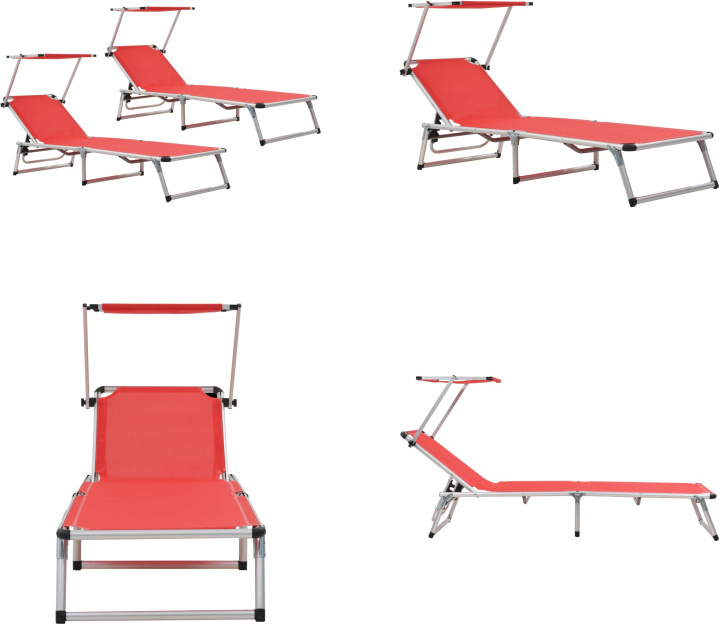 vidaXL Klappbare Sonnenliegen mit Dach 2 Stk. Aluminium Textilene Rot - Gartenliege - Gartenliegen - Sonnenliege - Sonnenliegen