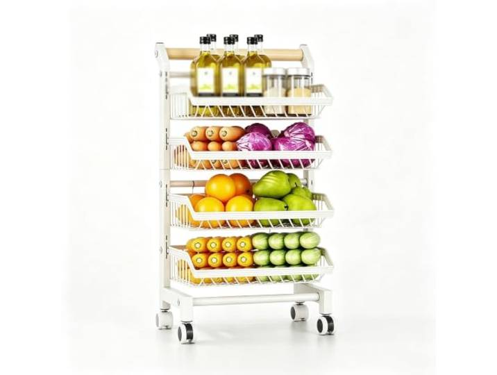 Dexinhdh Rollbarer Vorratswagen mit Ablagen für Snacks und Gemüse Verstellbares Metallregal für Snacks und Gemüse, Küchenorganizer für Obst und Gemüse(White,4-Tier)