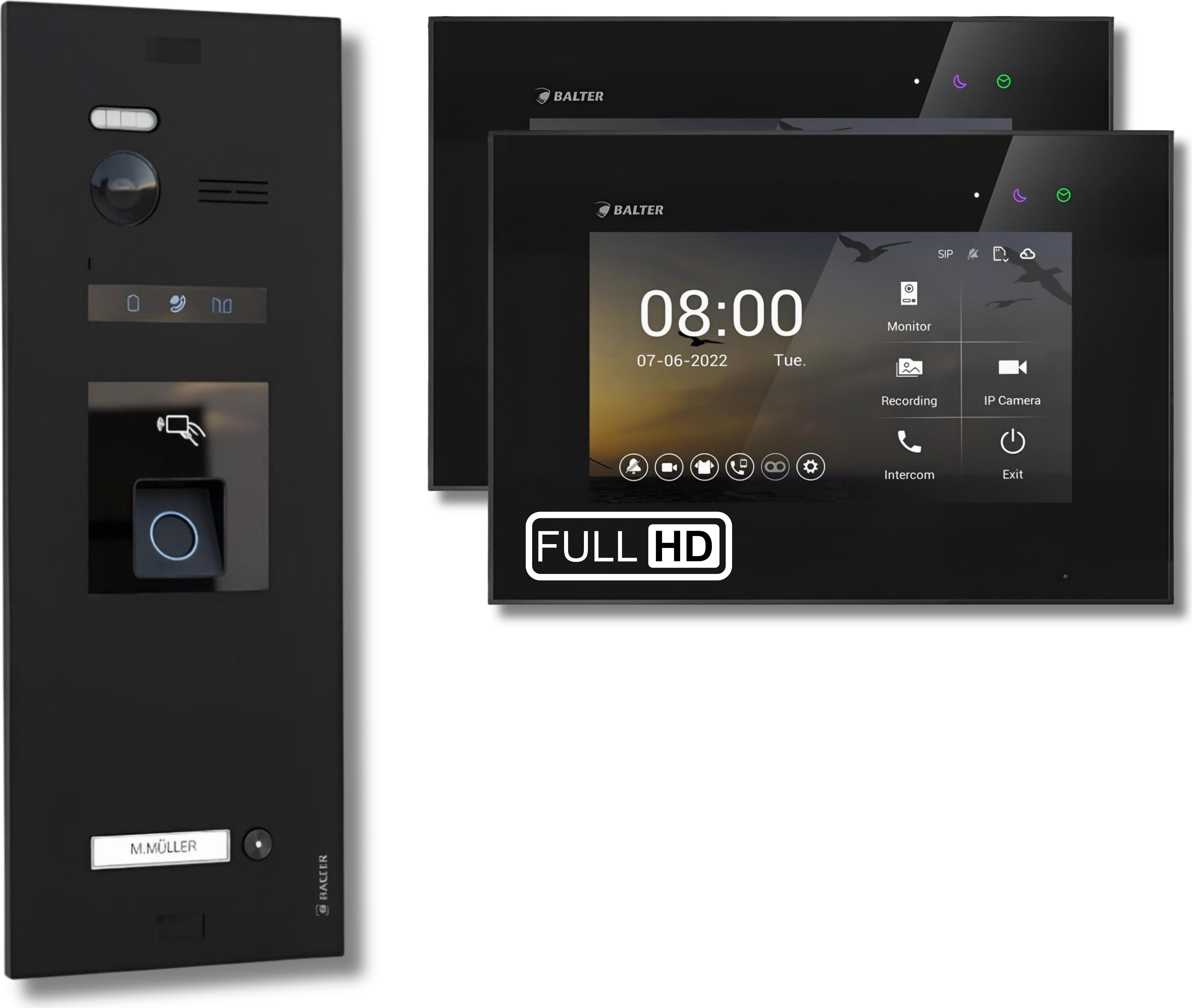 BALTER EVO HD Schwarz Video Türsprechanlage Fingerprint Set 1 Teilnehmer 2x7" Monitor Schwarz