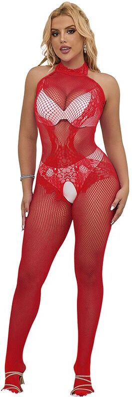 SUBBLIME bodystocking résille et dentelle sans fourrure col montant rouge taille unique
