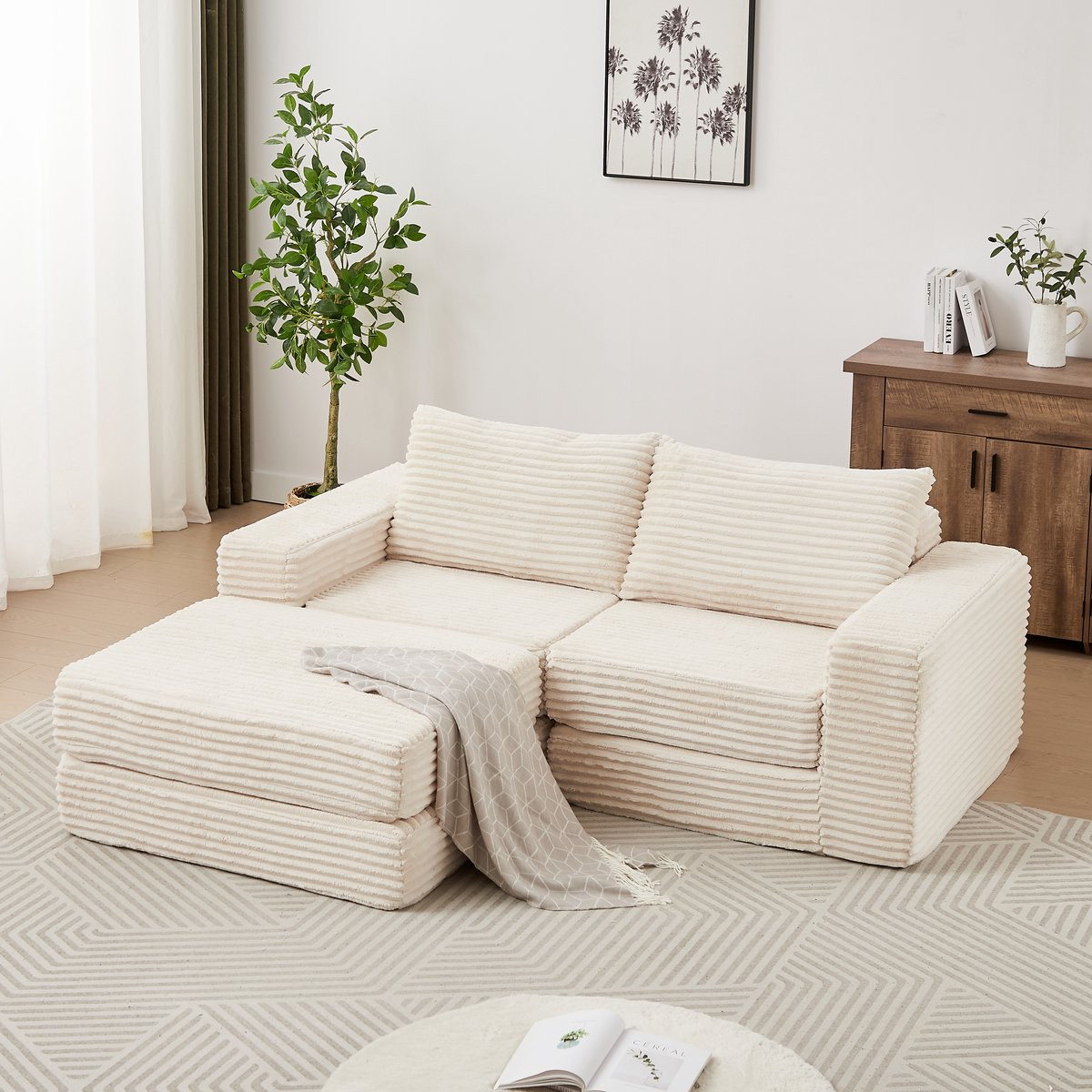 FloraGrace Slaapbank - 2-in-1 Modulair met Verplaatsbare Hocker - Beige Cord
