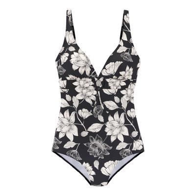 Badeanzug S.OLIVER "Lady", Damen, Gr. 42, Cup C, schwarz (schwarz, cream), Recycling-Polyamid, bedruckt, floral, Badeanzüge Badeanzug, mit floralem Design