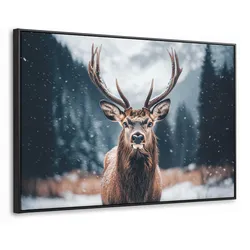 LEINWAND Bilder mit Rahmen - Hirsche - Tiere - Landschaft - Winter - Schnee - 140x90