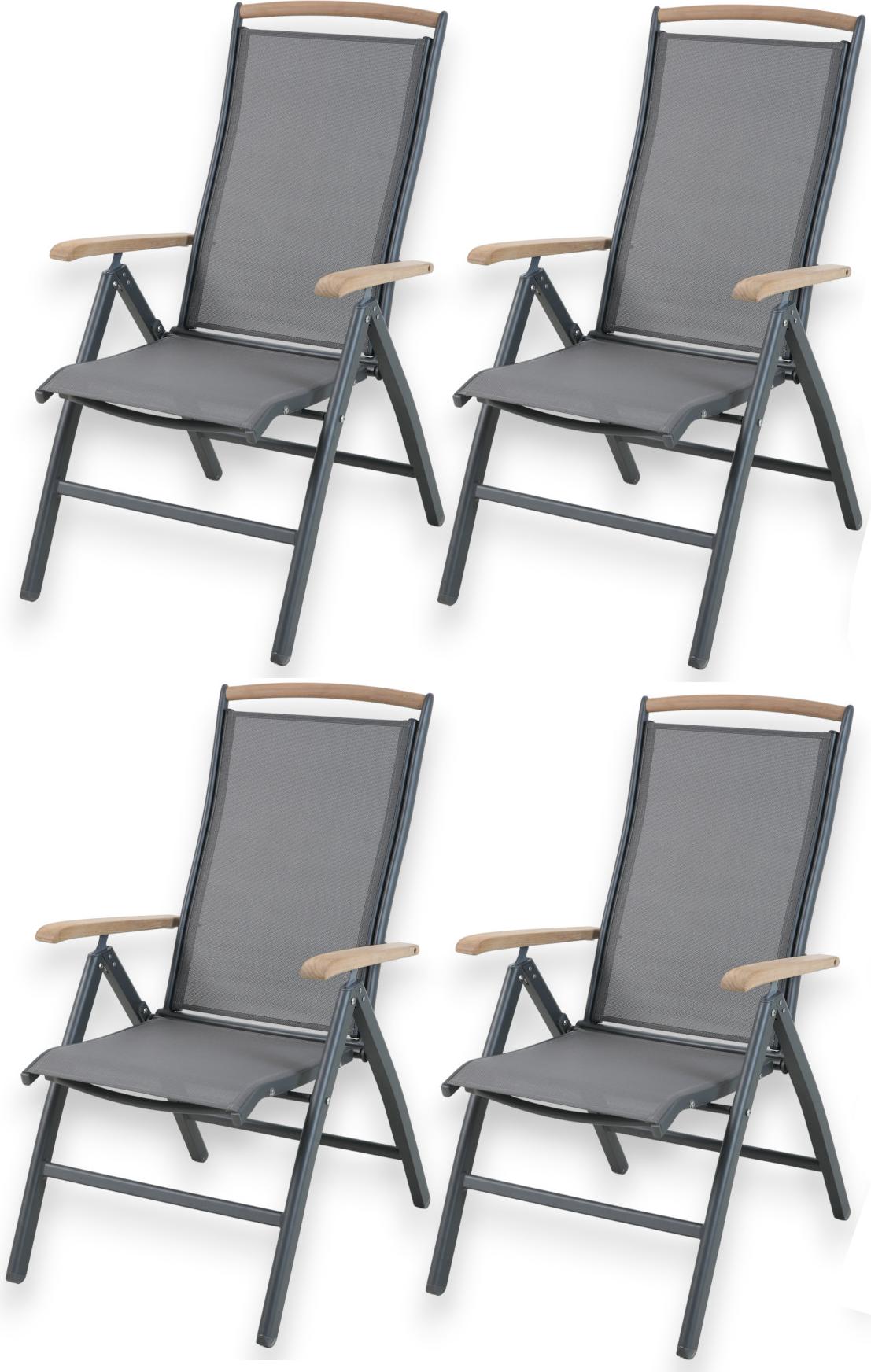 ALEOS. 4x Hochlehner TRINIDAD Aluminium Gartensessel Hochlehner mit Armlehnen echt Teakholz 7-Positions Sessel 7-fach verstellbar Outdoor Textilgewebe klappbar