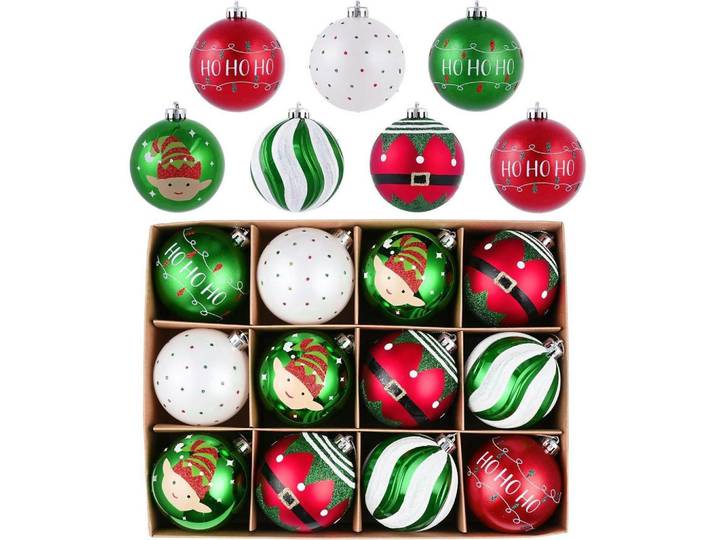 Christbaumkugeln 12-teiliges Set 8 cm Rot Grün Weiß, Mehrfarbig, Kunststoff, 8x8x8 cm, Dekoration, Weihnachtsdekoration, Christbaumschmuck, Christbaumkugeln