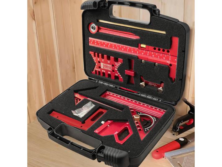 Kit carré pour le travail du bois avec boîte, règle de traçage en aluminium, détecteur central, boussole de dessin circulaire, Guide d'histoire, jauge de hauteur, 9 pièces