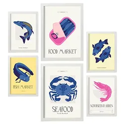POSTER Set Mit 6 Lebensmittel Und Ernährungs Markt Am Meer Natur Und Botanikdrucke Für Innenarchitektur A3 & A4 Weißer Rahmen