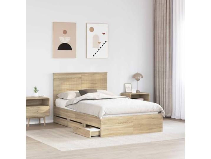 KTHLBRH Bett mit Schublade Eiche Sonoma 120 x 190 cm Technisches Holz, feste Latten, selbsttragendes Design, einfache Wartung