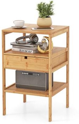 Costway Bamboo Nightstand with Storage Drawer and Slatted Shelf-1 Piece
