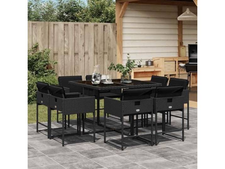 KTHLBRH 9-teiliges Gartenmöbel-Set mit schwarzen Kissen Robustes Polyrattan, Glastisch, Klappstühle, 110 kg pro Sitzfläche
