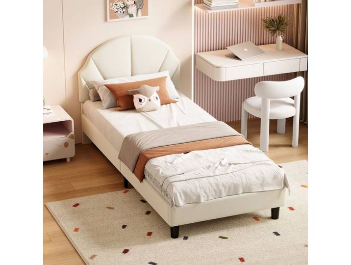 90x190 cm Lit Enfant Lit Simple LIt Pour Enfant avec Sommier à Lattes lit Princesse Lit Pour Enfant Rembourré Beige Velours