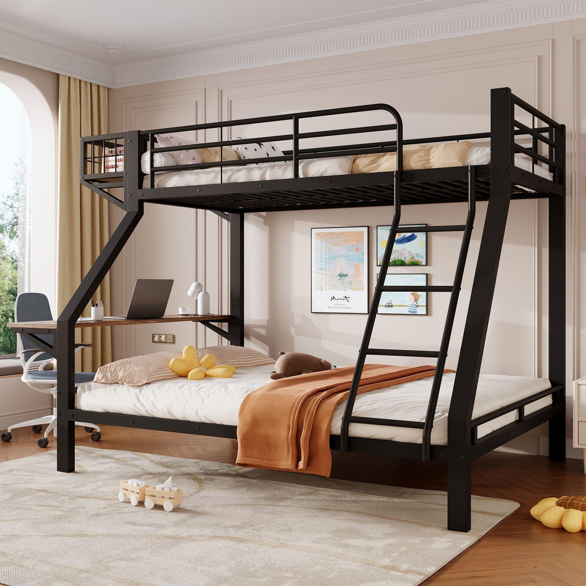 Merax Etagenbett 90 x 200 / 140 x 200 cm mit Schreibtisch, Stockbett mit offenem Staufach, Leiter und Schutzgeländer, Kinderbett, Jugendbett, Schwarz
