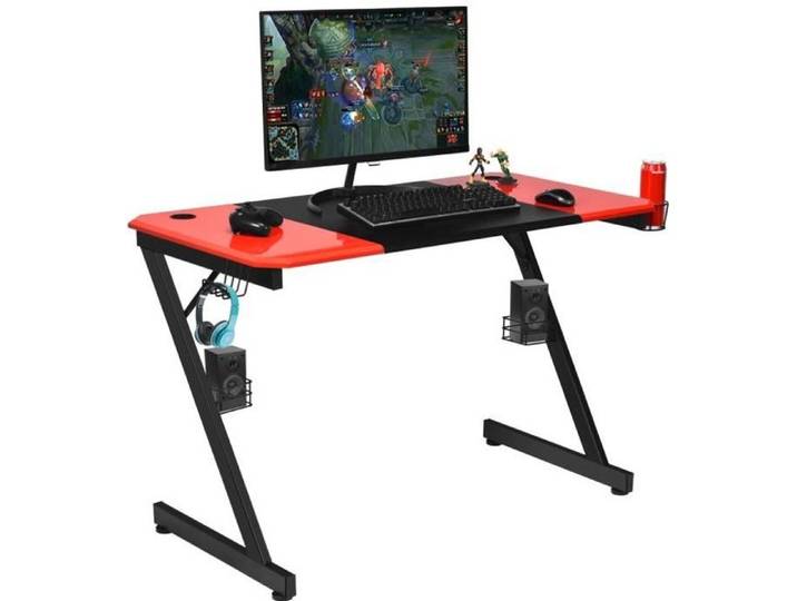 COSTWAY Bureau Gamer Bureau de Jeu 120X60X76CM en Fibre de Carbone avec Porte-gobelet Crochet pour Ecouteurs et Supports Audio