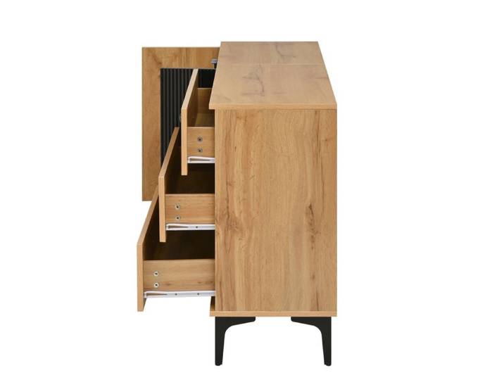 Buffet bas – Sideboard naturel et noir – 1 porte 3 tiroirs pieds métal – 120 x 35 x 76 cm