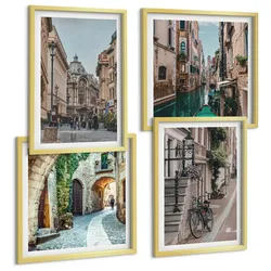 BILDER SET 4er Set - 50x50 cm & 40x60 cm Goldrahmen - Venezianische Straßen Wasserarchitektur