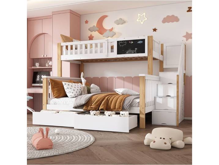 Lit superposé enfant blanc et chêne clair 90 × 200 + 140 × 200 cm