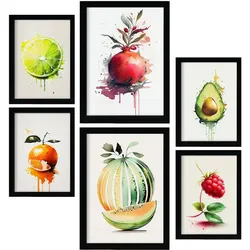 POSTER Set Mit 6 Sommerfrüchte Plakate Von Obst Gemüse & Gesunden Lebensmitteln Im Aquarell Kunst Auf Reinweißen A3 & A4 Schwarzer Rahmen