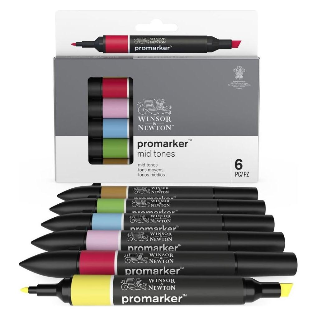 Winsor & Newton 6 ProMarker Mittlere Töne Layoutmarker farbsortiert 1,0 - 2,0 mm (6x) (0290112)