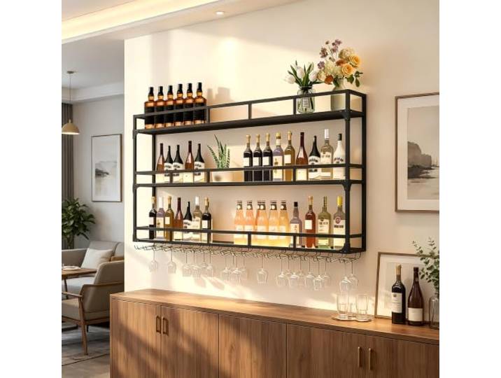 150 cm Weinregal Wand aus Eisen, 3‑Ebenen Hängeregal mit Gläserhalter wandmontiert platzsparend, Verschiedene Größen erhältlich, für Bar, Restaurant, Café, Küche und Wohnzimmer