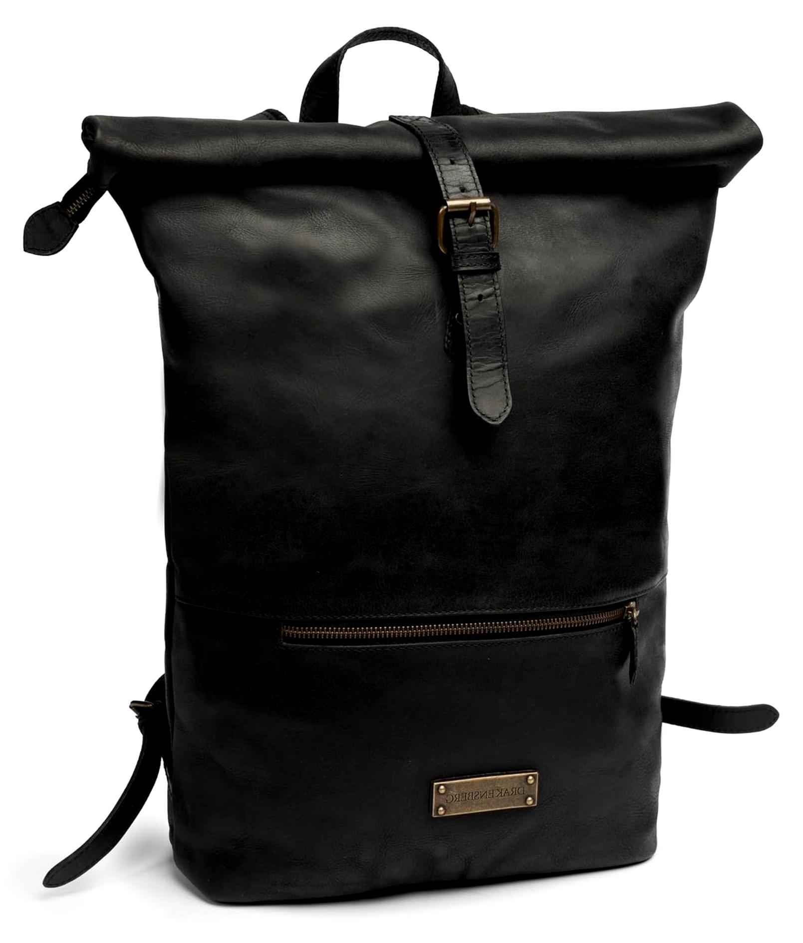 Leder Roll-Top Rucksack 'Ryan' 16" Laptopfach, Damen, Herren, Vintage-Tagesrucksack, groß, bis 25L - Schwarz, DR00368