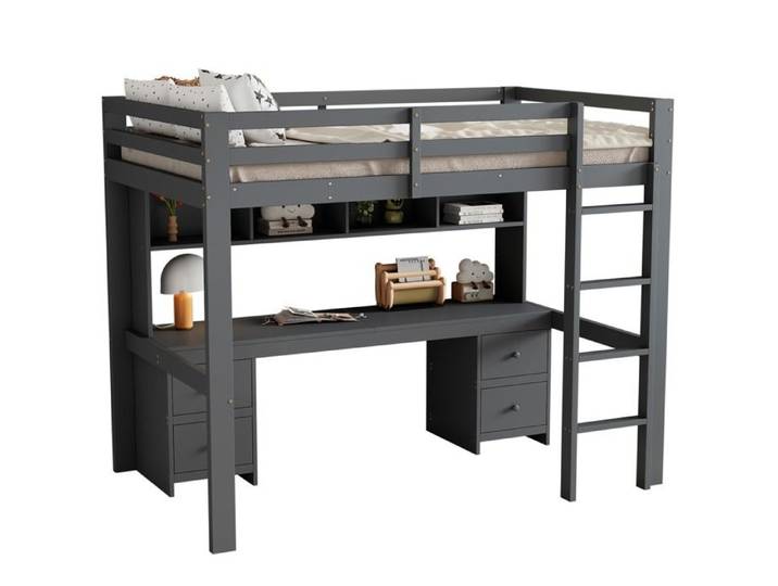 Lit mezzanine Lits pour bébés Table en bas Grande Espace de rangement Gris 90*200cm lit mezzanine Lit en haut