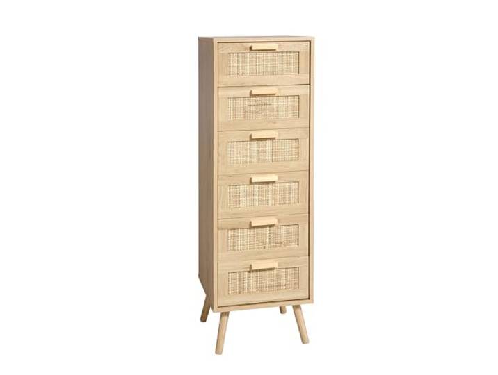 Finnhomy Rattan-Kommode für Schlafzimmer, hohe Kommode mit 6 handgefertigten Rattan-verzierten Schubladen für Schlafzimmer, kleiner Nachttisch mit Holzbeinen, Natur