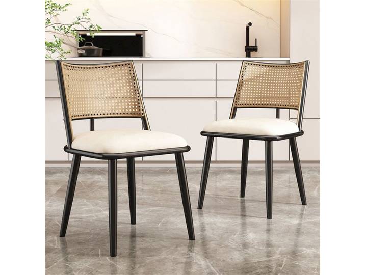Chaise salle à manger - Elégance Chic - Lot de 2 - Capitonnées simili PU - Dossier rotin noir