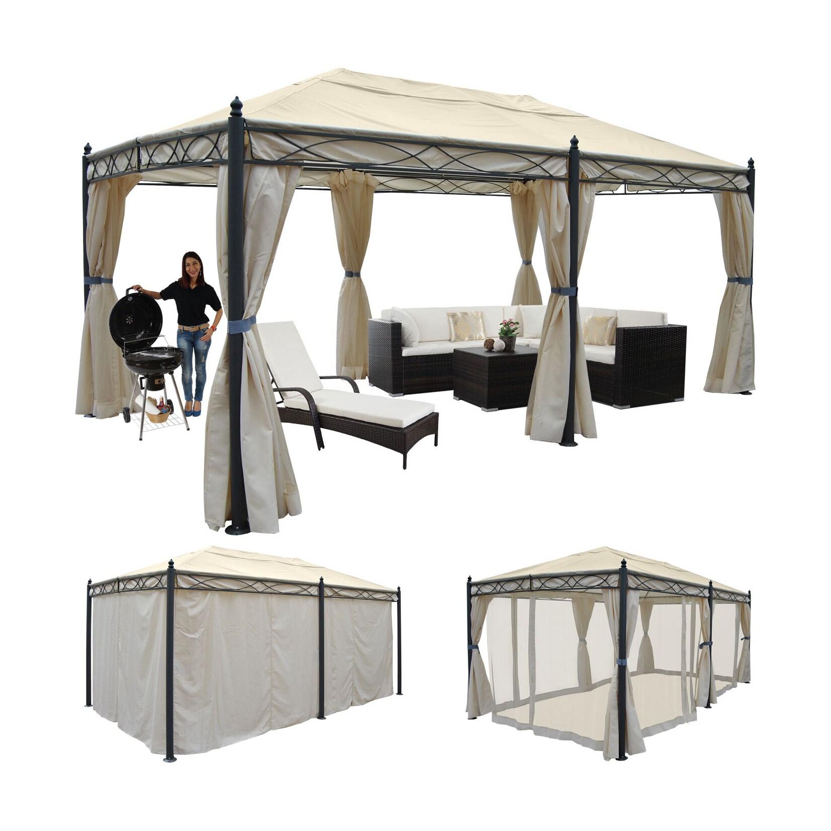Pergola Calpe, Garten Pavillon, stabiles 7cm-Gestell 5x3m ~ creme mit Seitenwand + Moskitonetz