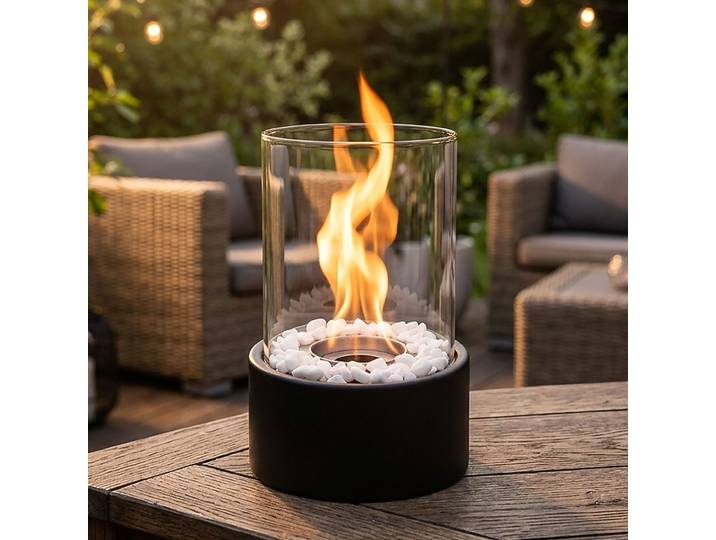 Tischfeuer mit Glaszylinder, inkl. Flammenstempel und Zange