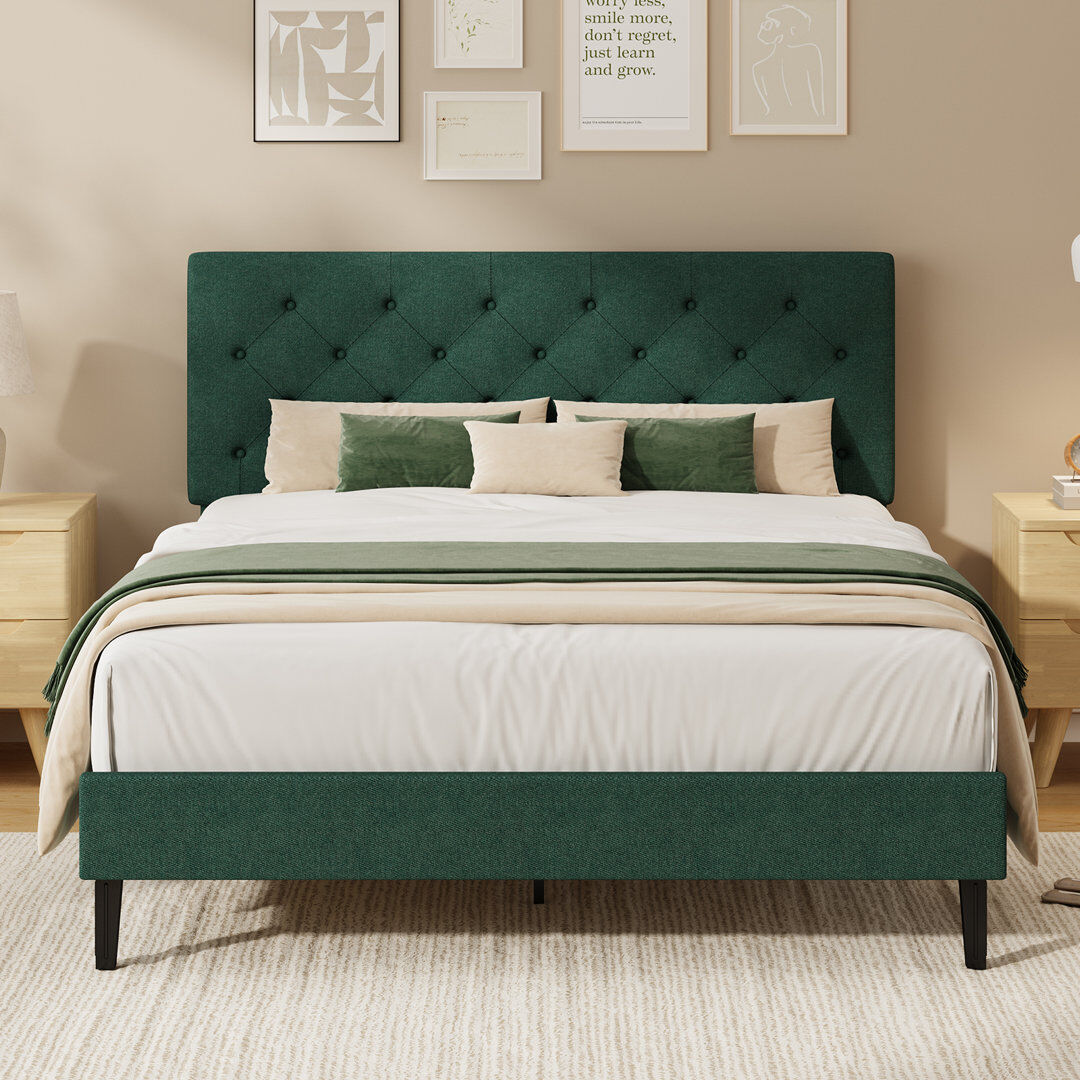 Rebrilliant Bed Frames with Button Tufted Headboard, Linen Upholstered Bed with Wooden Slats Support Green 135x190