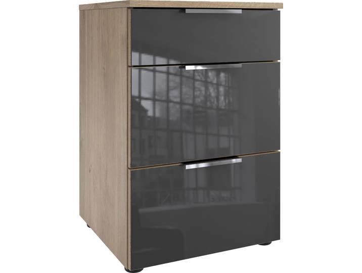 Nachtkommode, Spanplatte, Plankeneiche Nachbildung/Glas Grau, 41×61×41 cm, Soft-Close, Modern, Wimex