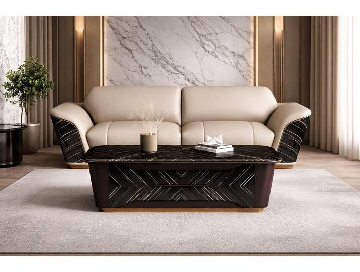 JVmoebel 3-Sitzer Luxuriöses Beiges Ledersofa Polstercouch Designer 3-Sitzer Couchtisch, 2 Teile, Made in Europa