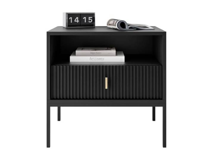 Lookway Nachttisch Midnight, Schwarz Geriffelte Front, Schwarzes Metallgestell, Goldfarbener Dekorgriff, Modernes Schlafzimmermöbel
