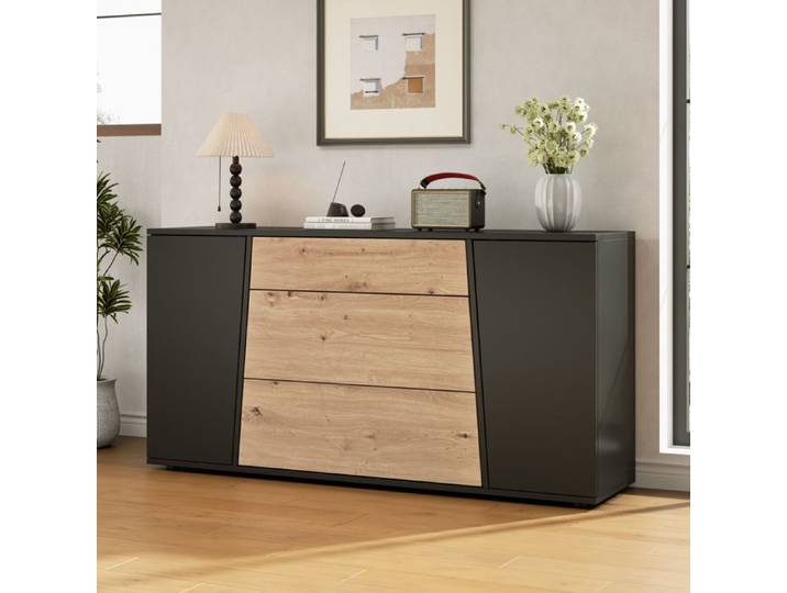 Buffet avec plan de travail 3 tiroirs et 2 portes rangement pour salon/couloir/bureau/cuisine noir + finition bois 140×35x70cm