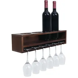 Weinregal MCW-P21, Glas-/Flaschenhalter Wandbar Regal für 4 Flaschen/6 Gläser Holz MVG-zertifiziert 12x48x12cm ~ braun
