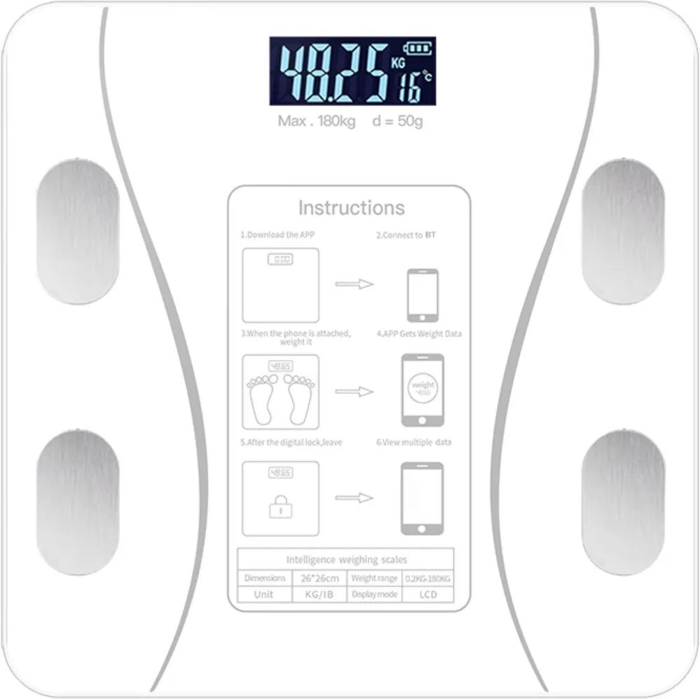 INF Smart-Körperwaage kompatibel mit Type-C-Ladung, Bluetooth 4.0+, LCD-Hintergrundbeleuchtung, 0.2-180kg Bereich Weiß
