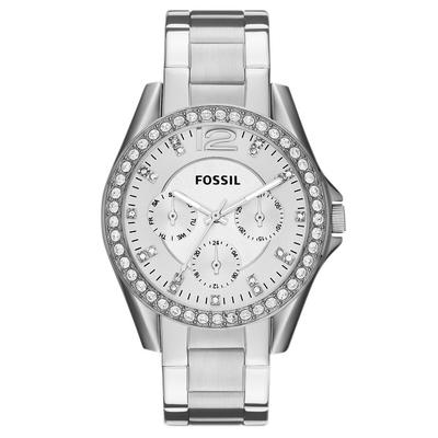 Multifunktionsuhr FOSSIL "RILEY", silber (silberfarben), Armbanduhren, Damen, Quarzuhr, Armbanduhr, Damenuhr, Datum, Edelstahlarmband, Glassteine