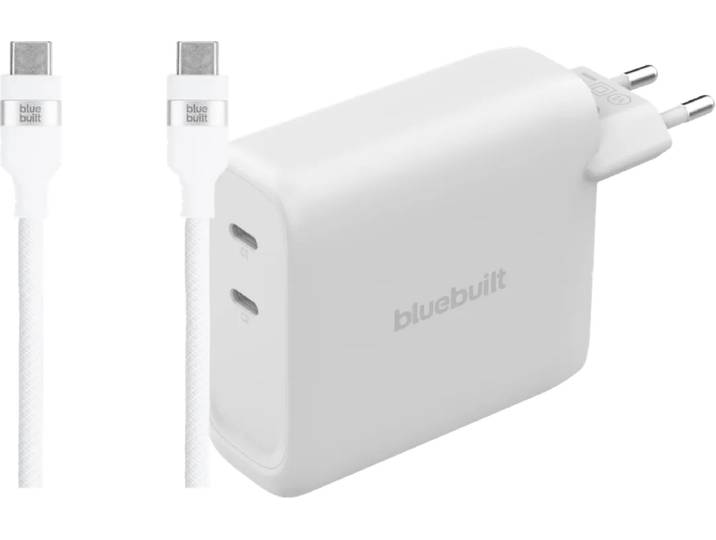 BlueBuilt 140W GaN Oplader met 2 Usb C Poorten Wit + BlueBuilt Usb C Kabel 240W 2m Nylon