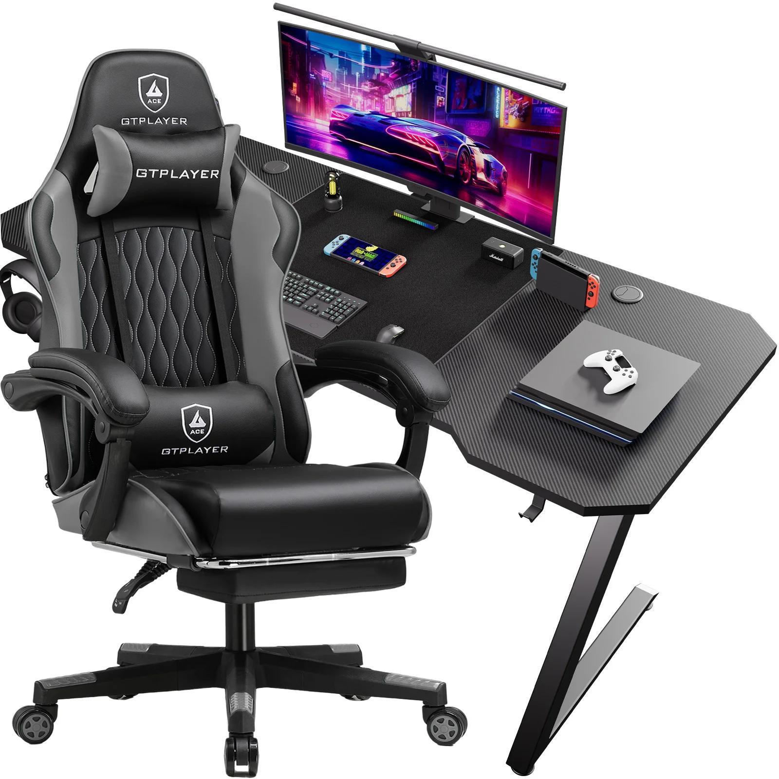 Gaming-Schreibtisch & Gaming-Stuhl Set - Z12 + GT900 - Leder + Carbonfaser - Minimalistisch Modern - Montage Erforderlich - Hellgrün