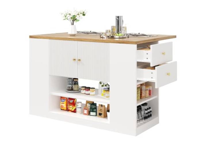 Ropilly Kücheninsel mit ausklappbarer Tischplatte, MDF, Weiß Ausklappbare Arbeitsfläche, Schubladen und Regale für Küche und Esszimmer