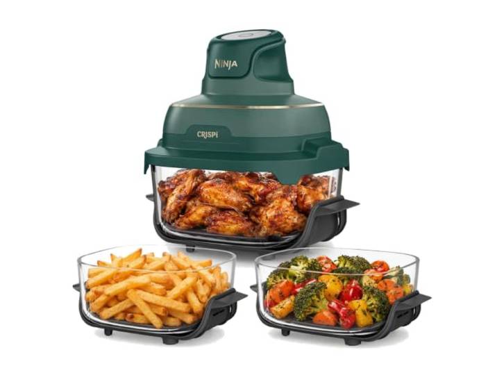 Ninja CRISPi Airfryer: Set mit 3,8-Liter- und zwei 2,3-Liter-Glasbehältern, Deckel, 4-in-1: Heißluftfrittieren, Braten, Warmhalten, Aufknuspern, kompaktes Design, 6 Portionen, Grün-Gold FN203EU
