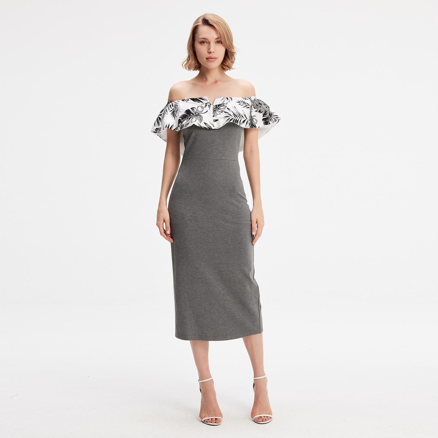 Bi-Material Bodycon Kleid mit Off-Shoulder bedruckt