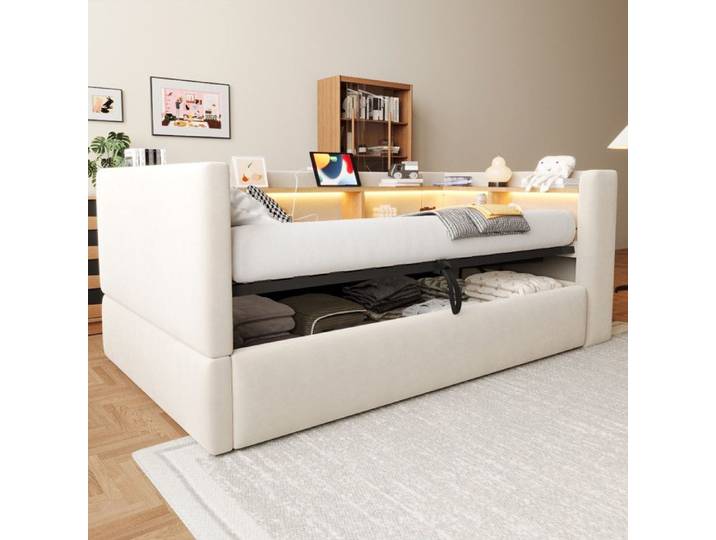 Lit Coffre 90x190cm - Lit Simple 90x190 avec Tête de Lit Étagère LED Prises USB - Beige