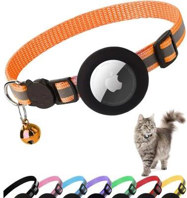 Inspire Select AirTag Cat Collar With Holder Cute Reflective Breakaway Kitten Collar With Bell orange