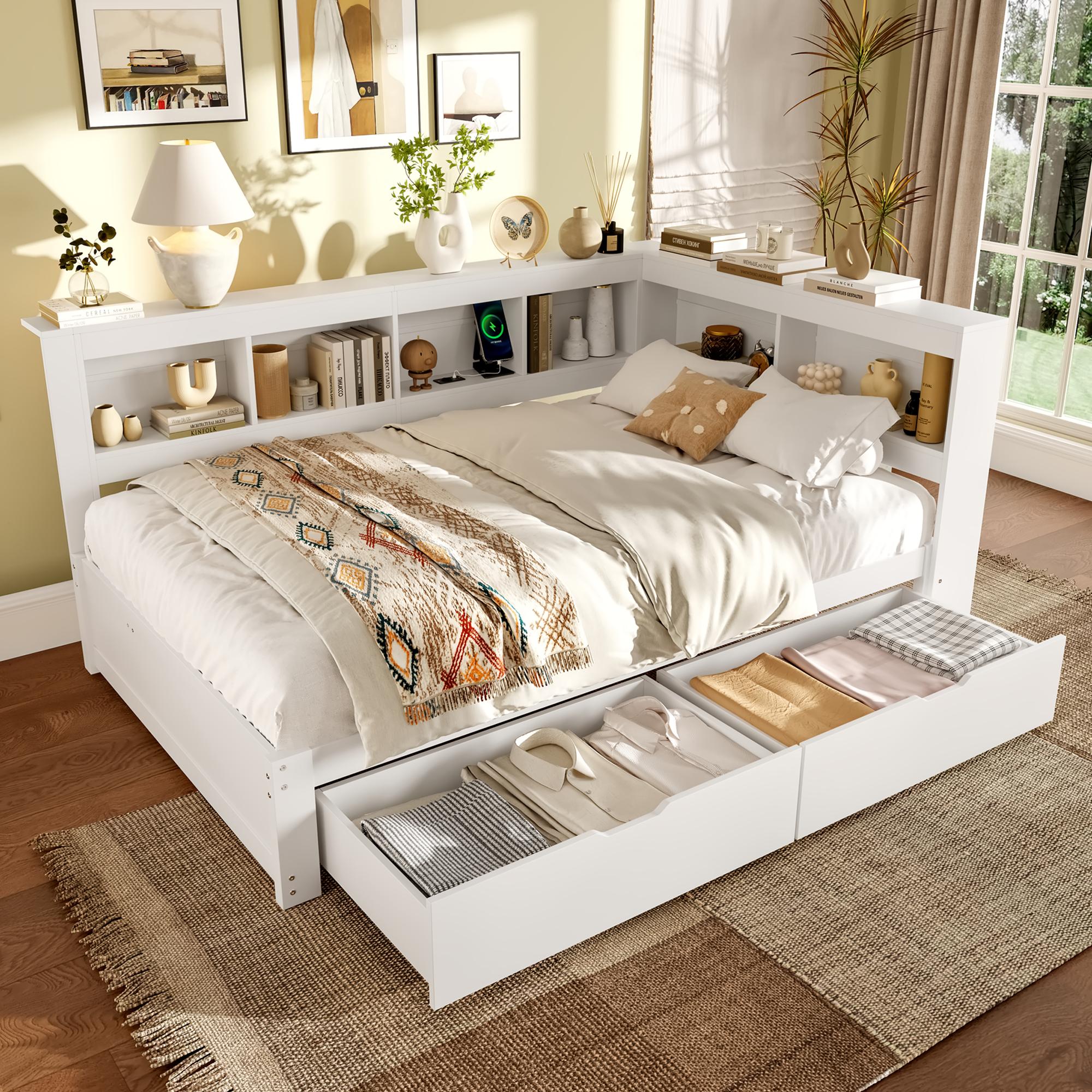 Holzbett mit Schubladen, Lattenrost und Regal, 140x200 cm, Doppelbett mit USB Anschlüssen und Steckdosen, Stauraumbett